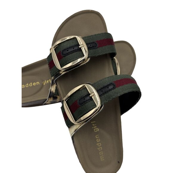 Madden Girl Womens Size 6/7 Strap Buckle Slides Leopard Print Green Red Strap - Picture 3 of 11